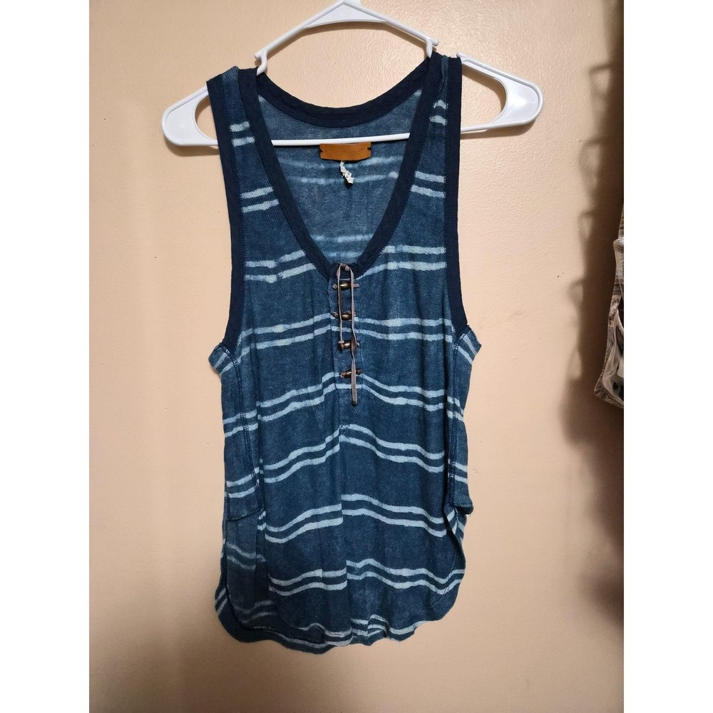 Free People FP Heirloom Blue Striped Lace Up Waffle Knit Tank Top Small